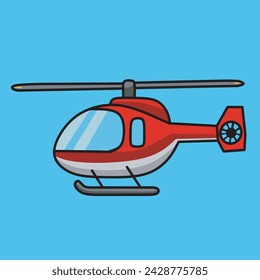 Red Helicopter side view isolated in blue background. Vector illustration in minimalist design