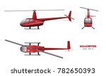 Red helicopter. Top, front and side view. 3d image of business vehicle.  Industrial isolated drawing. Copter in realistic style. Vector illustration