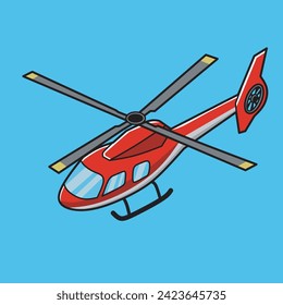 Vista superior del helicóptero rojo aislada en fondo azul. Ilustración de vectores en diseño minimalista