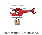 Red helicopter transporting a cardboard delivery box icon illustration