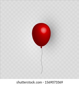 Red helium balloon. Birthday balon flying for party and celebrations. Isolated on plaid transparent background. Vector illustration for your design and business.