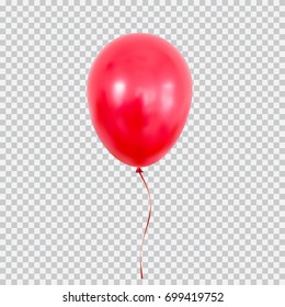 Red helium balloon. Birthday baloon flying for party and celebrations. Isolated on plaid transparent background. Vector illustration for your design and business.