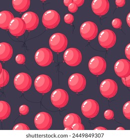 Red helium balloons pattern. Glossy flying balloons seamless pattern, scarlet floating balloons endless design flat vector background illustration. Birthday party balloons seamless backdrop