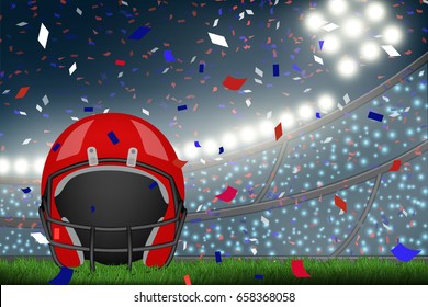 red helmet in American football stadium with confetti, crowded fans and spotlight. Design for sport competition template in vector illustration