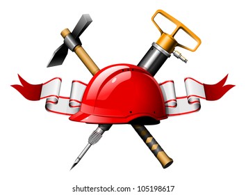 the red helmet with pickaxe and jackhammer