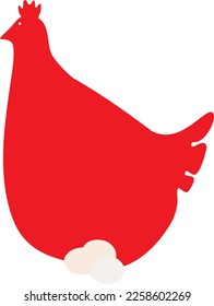 Red hen with three eggs on the white background. Styled red hen with small white eye