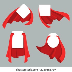 Rote Kollektion von Heldenschutzschildern für Werbegestaltung. Vektor-rote Kostüme des Superhelden, Label super cloak, Kap-Symbol-Illustration