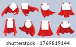 Red hero cape label. White empty badges with super hero, power man cloak. Cartoon vector mockup for kids product advertising. Super cloak hero for discount banner, child fashion mantle illustration