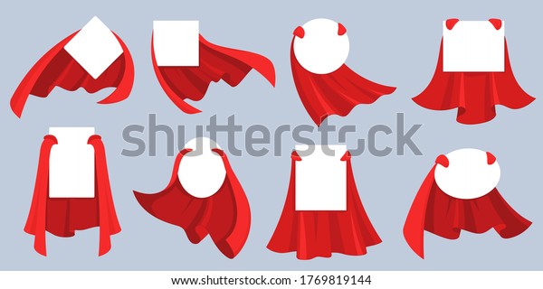 Red hero cape label. White empty badges with
super hero, power man cloak. Cartoon vector mockup for kids product
advertising. Super cloak hero for discount banner, child fashion
mantle illustration