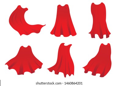 Red hero cape. Realistic fabric scarlet cloak or magic vampire cover. Vector set isolated on transparent background. Carnival clothes, decorative costume for superhero, vampire, cape for illusionist.