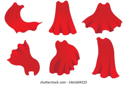 Red hero cape. Realistic fabric scarlet cloak or magic vampire cover. Vector set isolated on transparent background. Carnival clothes, decorative costume for superhero, vampire, cape for illusionist.