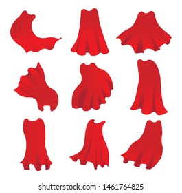 Red hero cape. Realistic fabric scarlet cloak or magic vampire cover. Vector set isolated on transparent background. Carnival clothes, decorative costume for superhero, vampire, cape for illusionist.