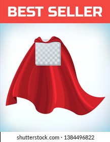 Red hero cape. Super cloak. Red satin fabric flying. Masquerade costume. Female super power. Equality woman. Woman power. Power concept. Leadership sign. Superhero symbol. Manager leader. Square logo