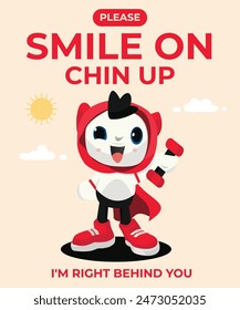 Red hero mascot character with encourage word