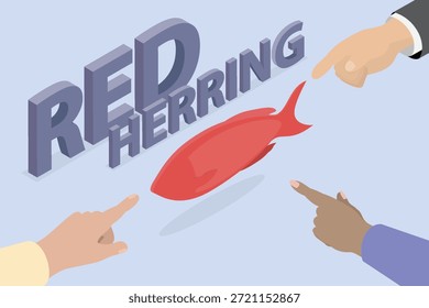 Conceito de arenque vermelho. Algo engana ou distrai de uma questão relevante ou importante. Ilustração vetorial isométrica plana 3d.