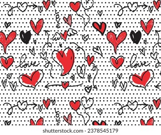 red herts and love print over polka dots background