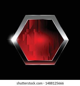 Red hexagon background with a silver frame. Vector illustration