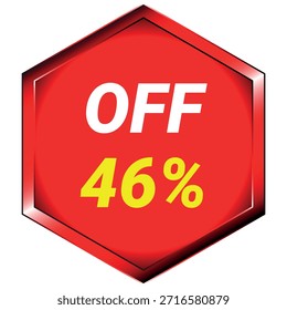 Un Botón hexagonal rojo con un borde metálico muestra OFF en blanco y 46% en amarillo sobre un fondo blanco...