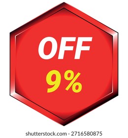 Botão hexágono vermelho com texto branco OFF e texto amarelo 9% sobre um fundo branco Vetor escalável f...
