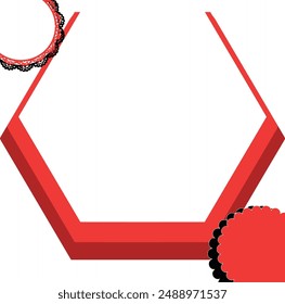Red hexagon frame with black lace, red circle on white background. Suitable for elegant design projects, invitations, or greeting cards.