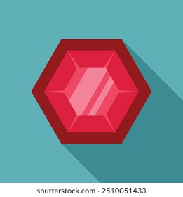 Pedra preciosa de hexágono vermelho brilhando com reflexos claros sobre um fundo azul