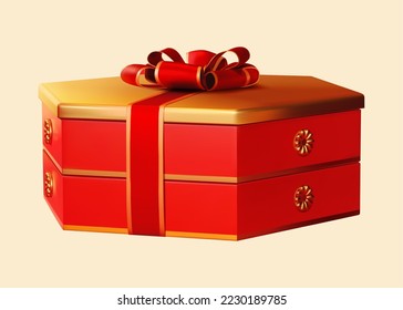 Red hexagon gift box with golden lid tied with red ribbon. Element for Chinese new year gifting