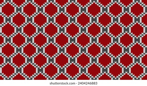 Red hexagon knitted pattern, Festive Sweater Design. Seamless Knitted Pattern
