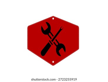 Rotes Sechseck-Mechaniksymbol mit gekreuzten Schraubenschlüsseln im fetten, flachen Vektorstil. Modernes Industriesymbol, ideal für Autoreparatur-Branding, Garagenlogos, Service-Abzeichen, mechanische Werkstattidentität und Automobil-Geschäftsdesigns.