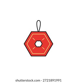 Ornamento hexagonal rojo con un recorte hexagonal central, colgando de un simple bucle negro. Diseño limpio y minimalista sobre un fondo blanco. Ideal para decoraciones festivas o Elementos gráficos.