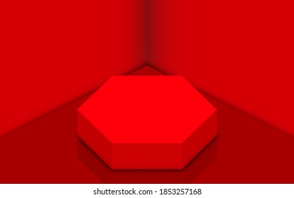 red hexagon podium in the red studio room