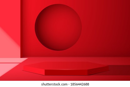 red hexagon podium with sunlight from windows in the red studio room