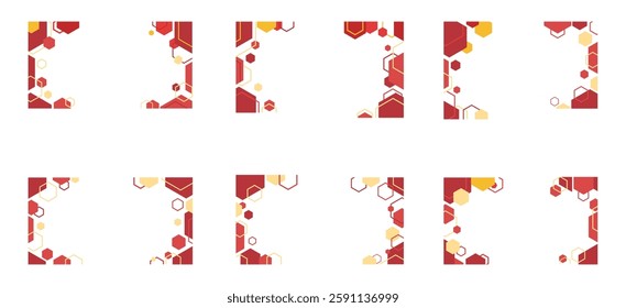 Red Hexagon Shape Footer, Border and Corner Frame Vector Set Collection. Decorative Elements Corners, Borders, and Frames. Geometric Shape for Banners, Certificates, Invitations, and Covers Design