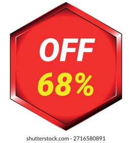 Hexágono vermelho com texto branco DESATIVADO e texto amarelo 68% sobre um fundo branco Formato de vetor escalável ...