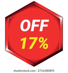 Hexágono vermelho com texto branco DESLIGADO e texto amarelo 17% sobre um fundo branco. Formato de vetor escalável...