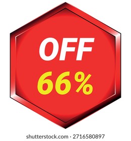 Hexágono vermelho com texto branco DESATIVADO e texto amarelo 66% sobre um fundo branco Formato de vetor escalável ...