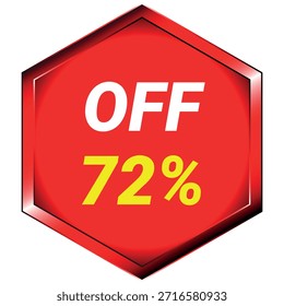 Hexágono vermelho com texto branco OFF e texto amarelo 72% em um fundo branco Formato de vetor escalável ...