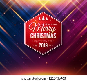 Red hexagonal Merry Christmas and Happy New Year 2019 label. Colored background with sparkling starlights, rays of light and warm glow, flare effects. Vector illustration for poster or card design.