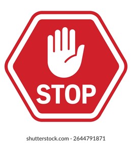 Red hexagonal stop sign with a white hand and the word STOP in white bold lettering against a red background. Simple flat design.