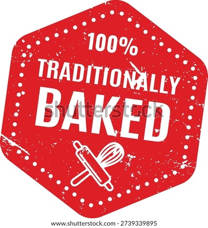 Red hexagonal traditionally baked stamp featuring rolling pin and whisk icons for professional bakery branding