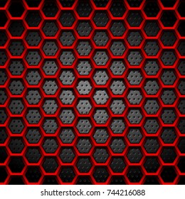 Red hexagons texture on dark perforated background. Vector tech design