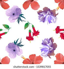 Red Hibiscus. Red Angel Trumpet. Violet Anemone. Violet Clematis. Vector illustration. Seamless background pattern. Floral botanical flower. Wild leaf wildflower isolated. Exotic tropical hawaiian.