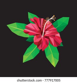 Los hibiscos rojos florecen aislados en el diseño de polígonos bajos negros. 
Vista superior pequeña flora planta gráfico geométrico. 
Ramas moradas de hojas frescas y verdes. 
Ilustración de estilo policlónico de flores rosas.