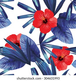 red hibiscus and blue palm leaves trendy seamless background