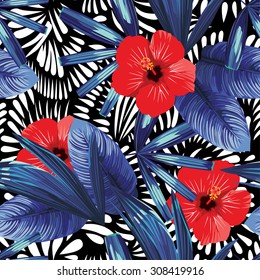 red hibiscus and blue palm leaves pattern, black and white seamless background