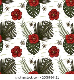 Red hibiscus floral wallpaper flower seamless pattern. Hawaiian tropical background illustration design with palm and monstera leaf. Summer vector graphic.