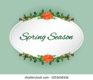 Red hibiscus flower icon label tag printing template, green rose flora leaf bush vintage frame border, tree text box signboard, fresh ivy plant on white border.