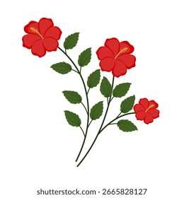 Flor de hibisco rojo y hoja aislada sobre un fondo blanco. Ilustración vectorial.