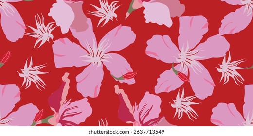 Red hibiscus flower pattern, summer print, aloha hawaii organic design vector.