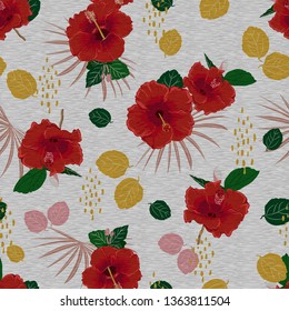 Red hibiscus flower print on topdye  fabric seamless pattern in vector