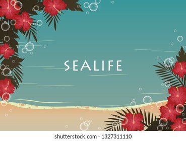 Red Hibiscus flower and tropical leaves with bubble and sand beach vector background in retro style for decoration on summer holiday.